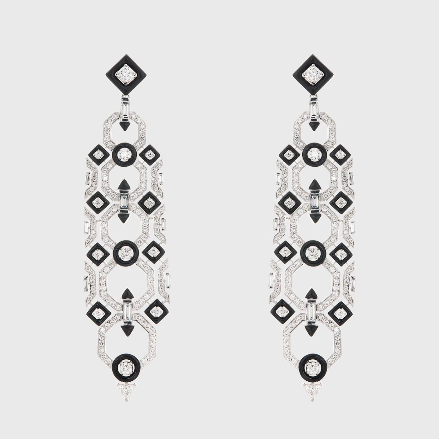 White gold long chandelier cord earrings with white diamonds and black enamel