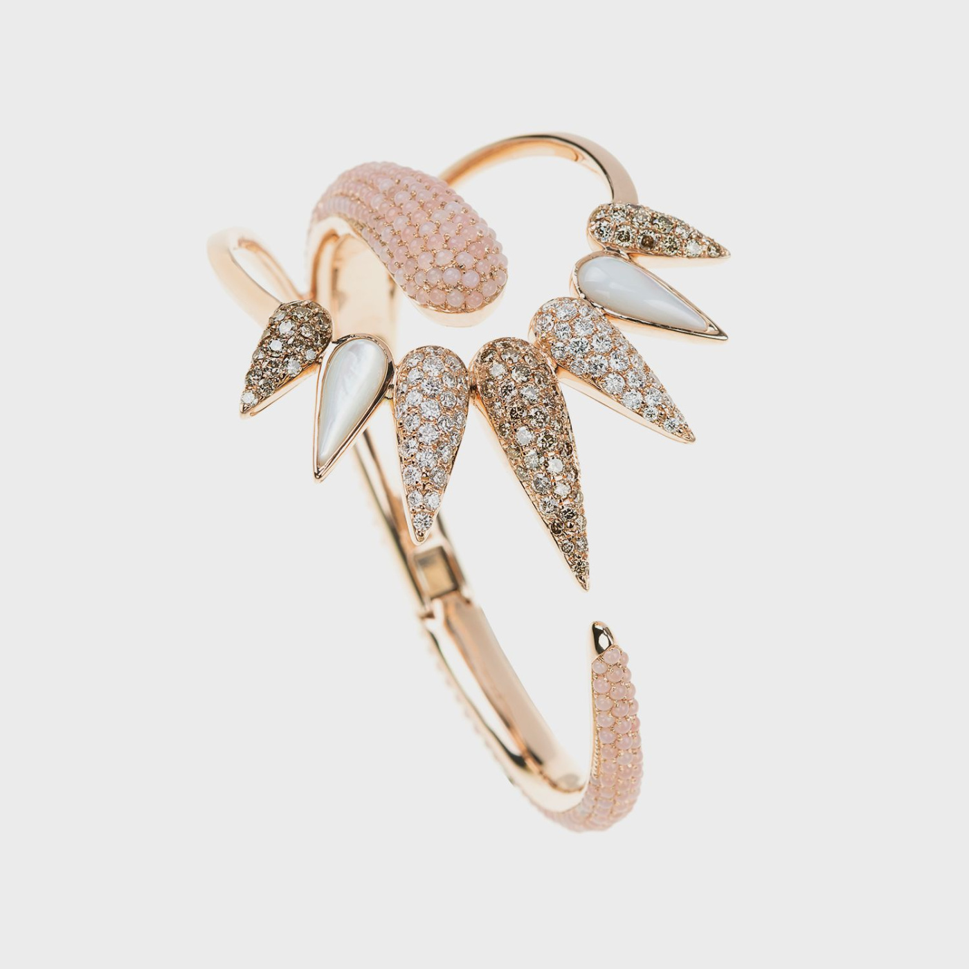 Rose gold cuff bracelet with white diamonds, brown diamonds, pink topazes and mother of pearl