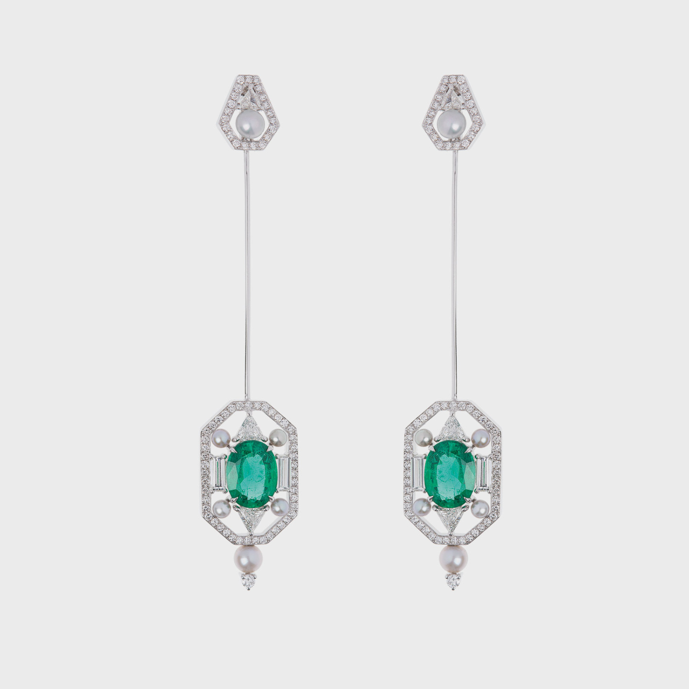 White gold long earrings / brooches with white diamonds, emeralds and silver pearls
