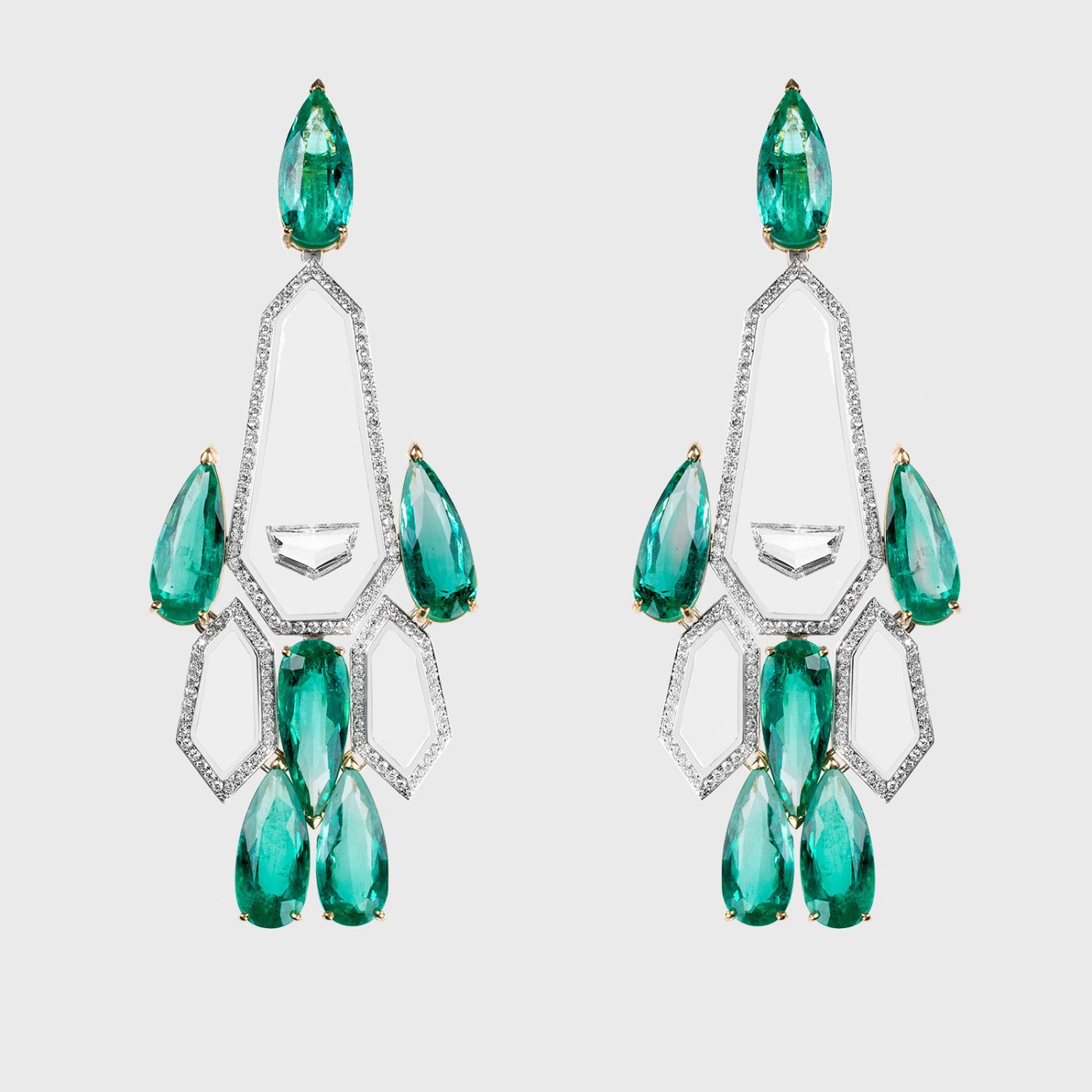 White gold chandelier long earrings with white diamonds and emeralds in translucent enamel