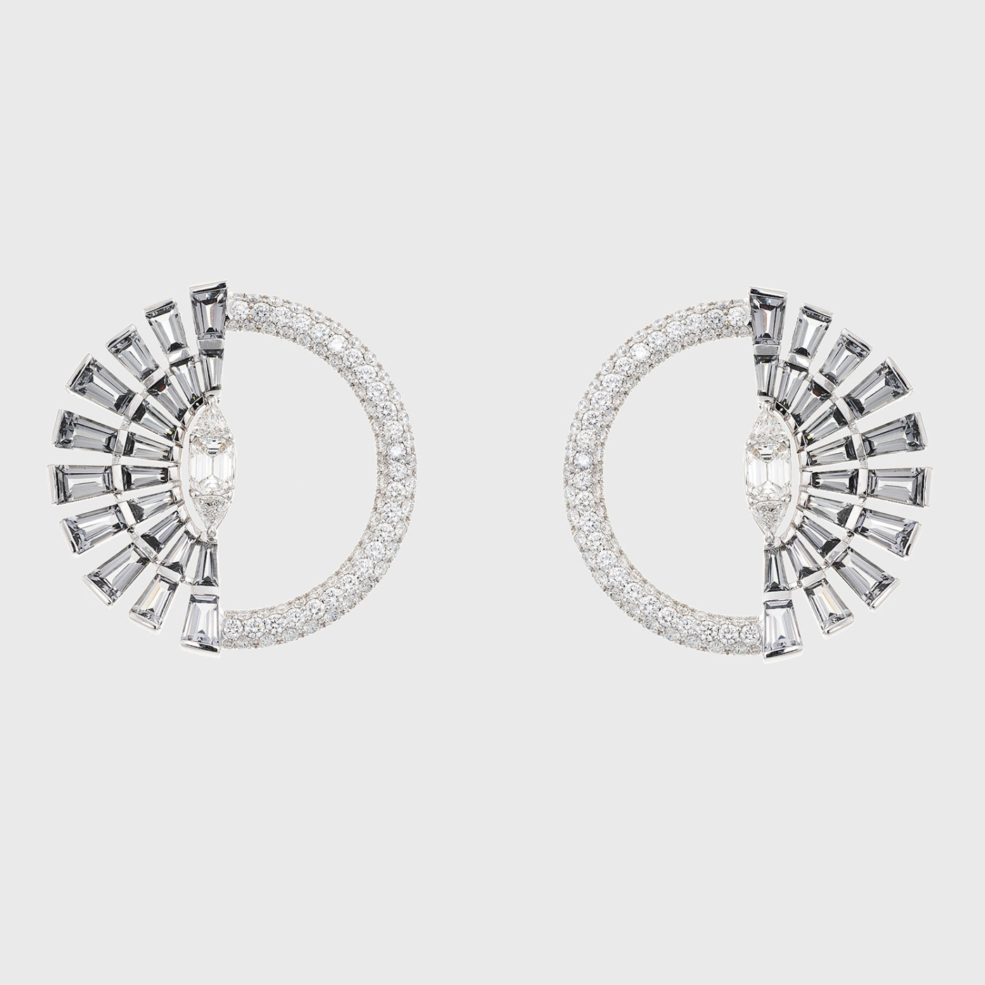 White gold hoop earrings with white diamonds and grey spinnels