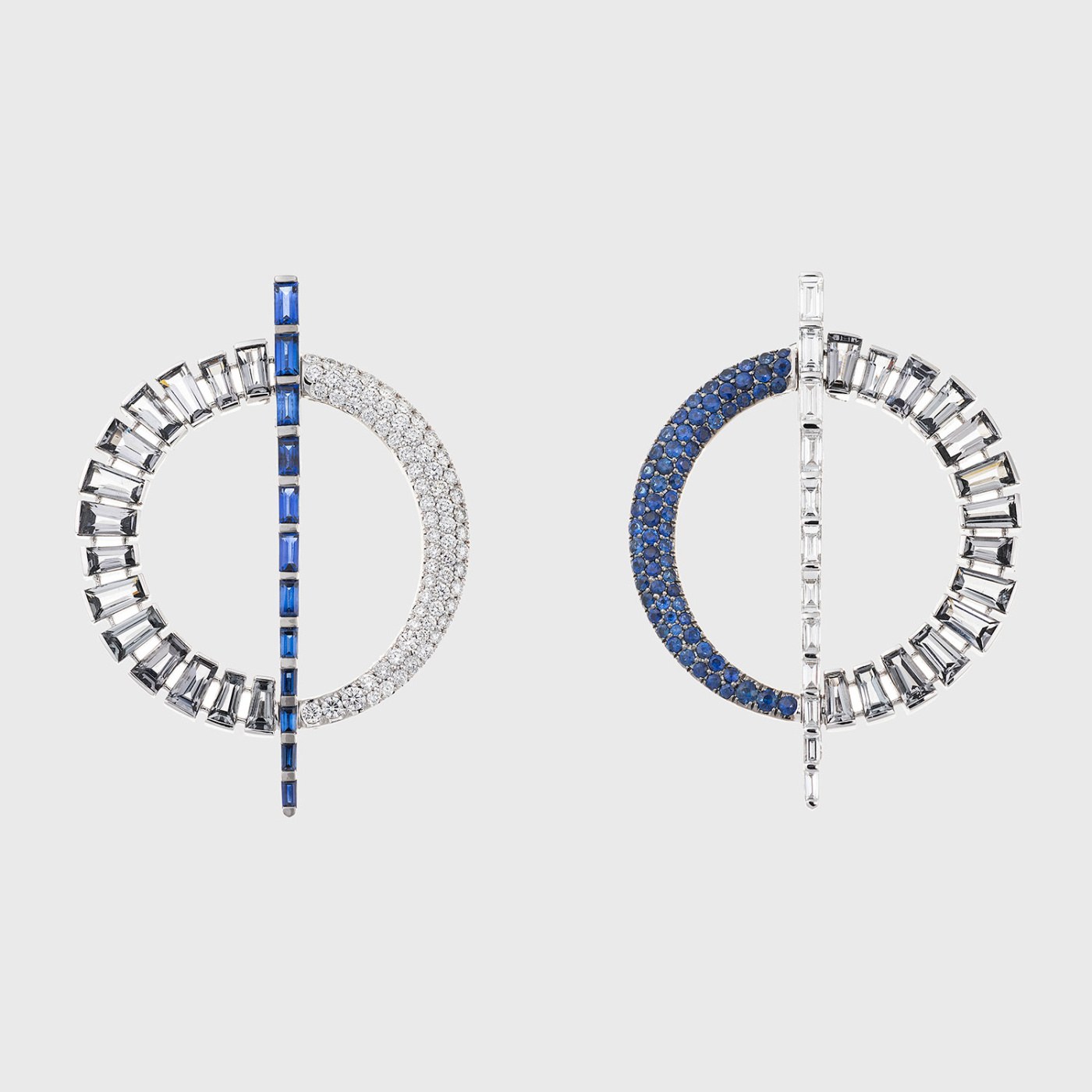 White gold mismatched hoop earrings with white diamonds, blue sapphires and grey spinnels
