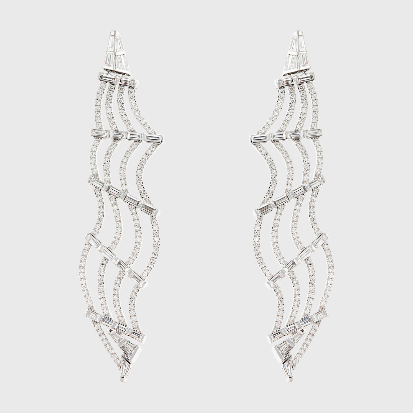 White gold long earrings with paved and baguette white diamonds