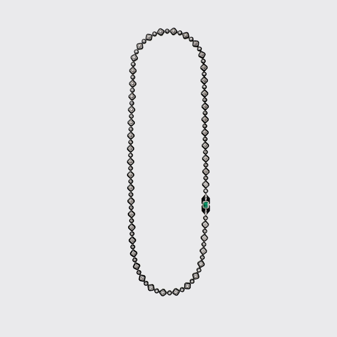 White gold long necklace with white diamonds, emeralds and black enamel