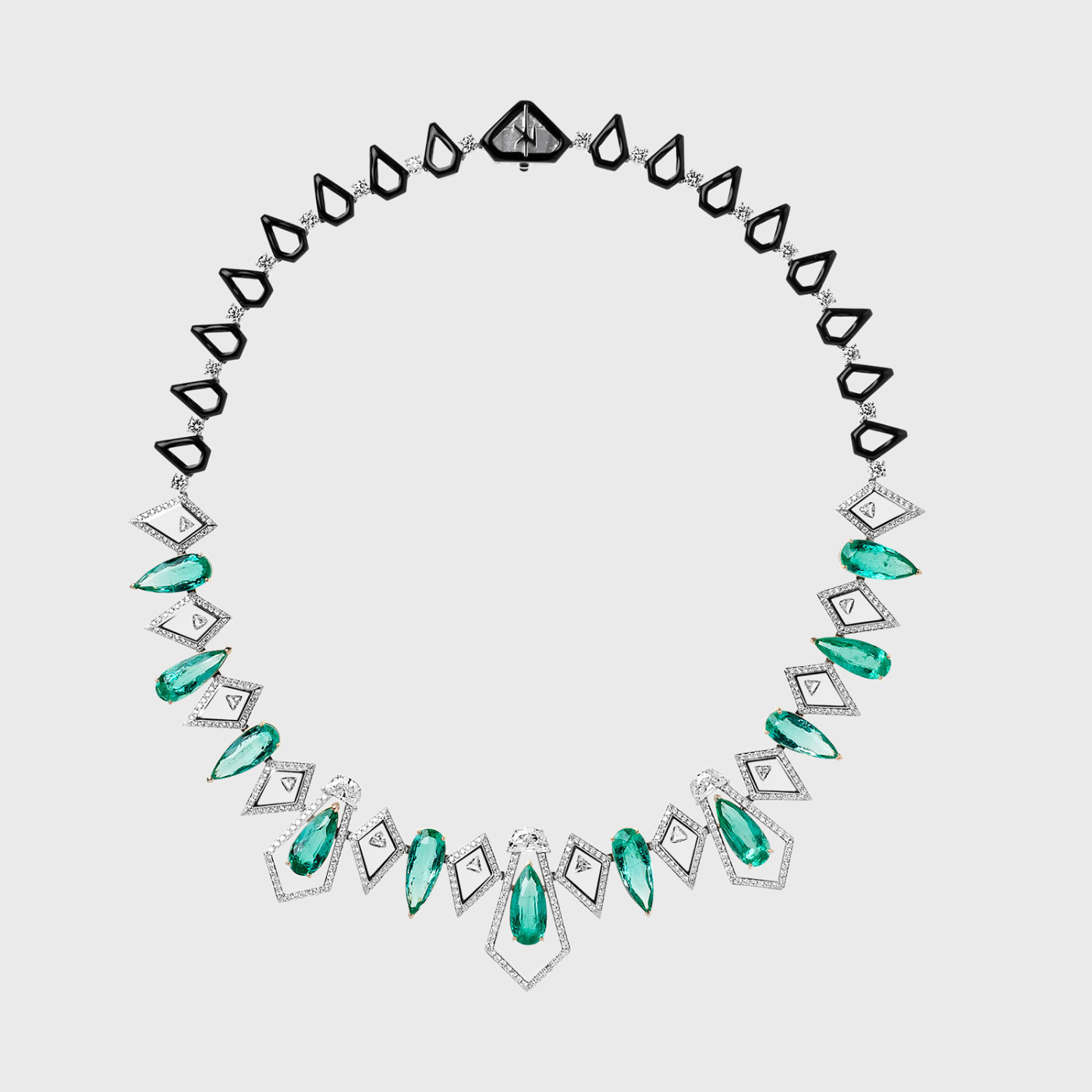 White gold necklace with pear shape emeralds, white diamonds set in translucent enamel and black enamel