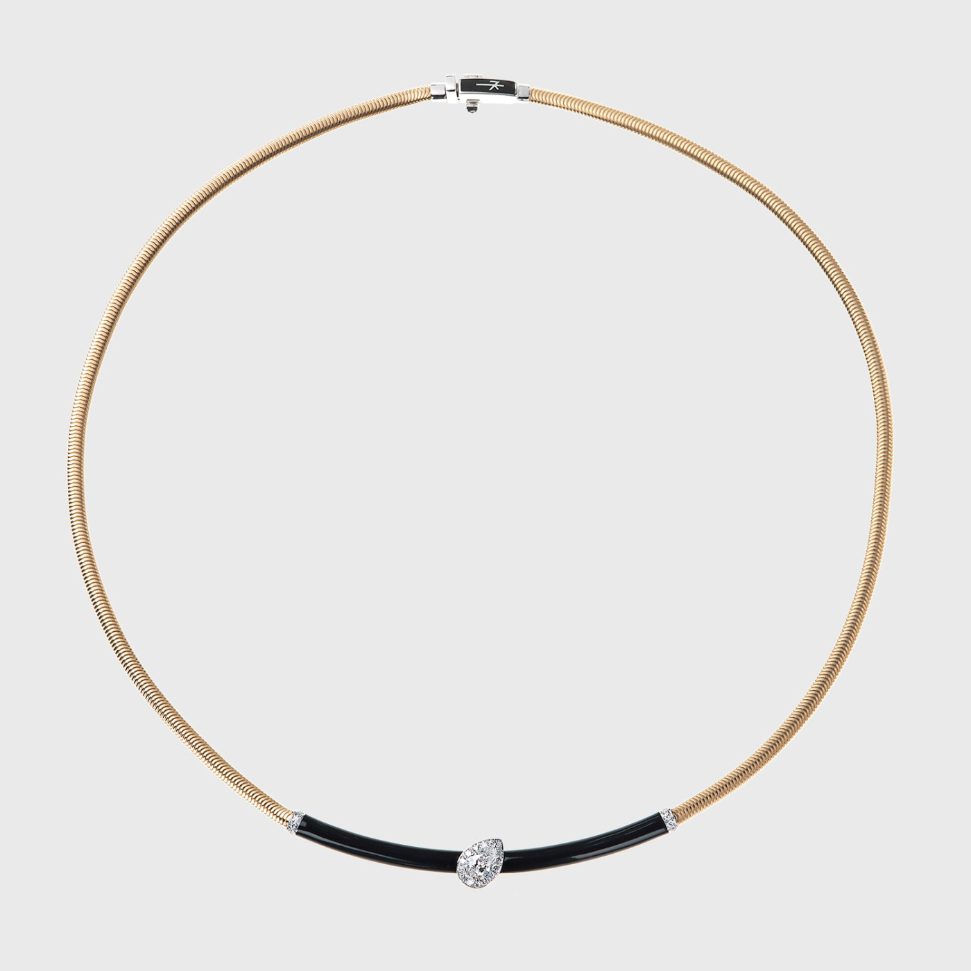 Yellow gold chain necklace with white diamonds and black enamel