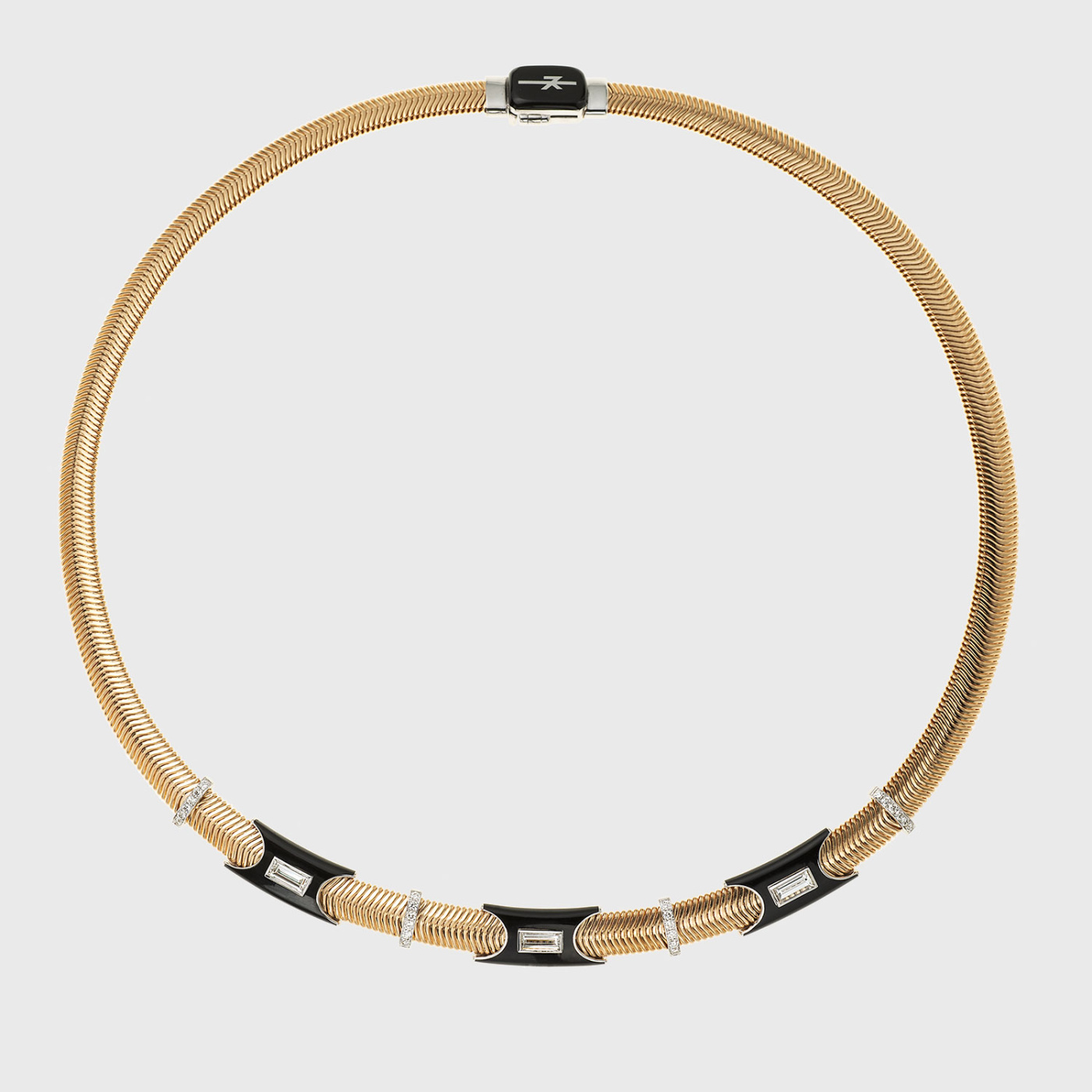 Yellow gold chain necklace with white diamonds and black enamel