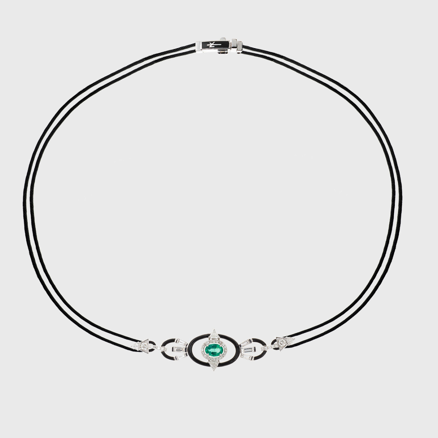 White gold cord necklace with emeralds, white diamonds and black enamel