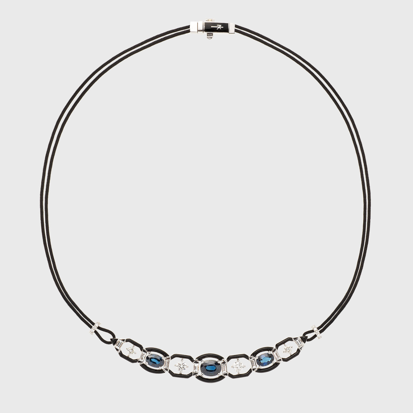White gold cord necklace with blue sapphires, white diamonds and black enamel