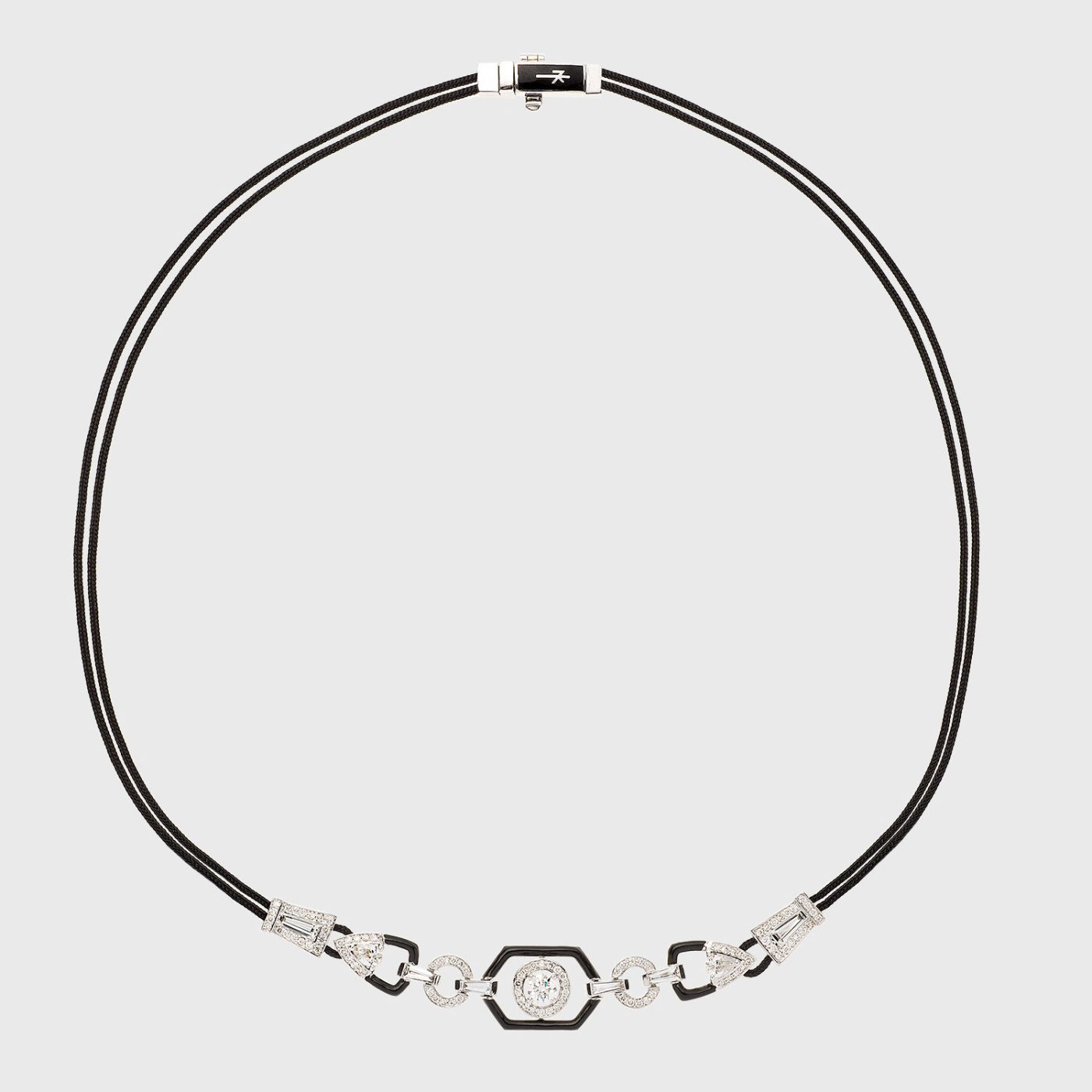 White gold cord necklace with white diamonds and black enamel