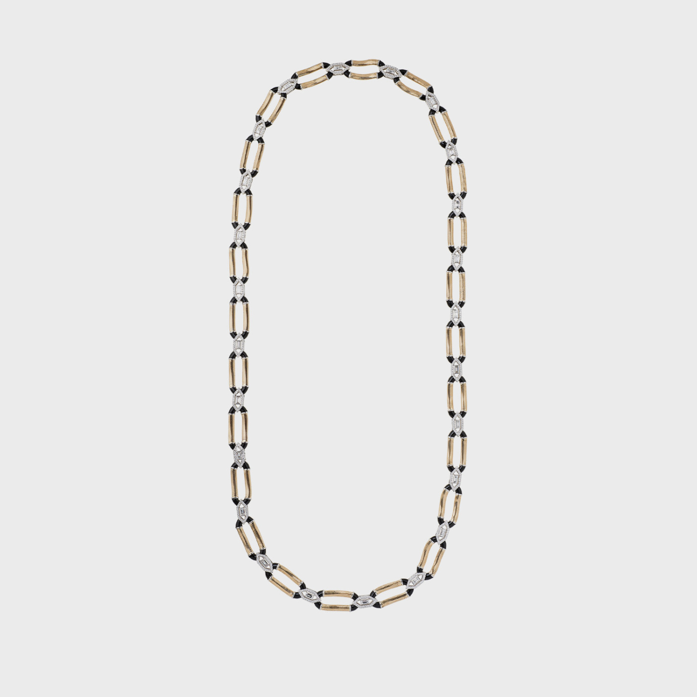 Yellow gold chain long necklace with white diamonds and black enamel
