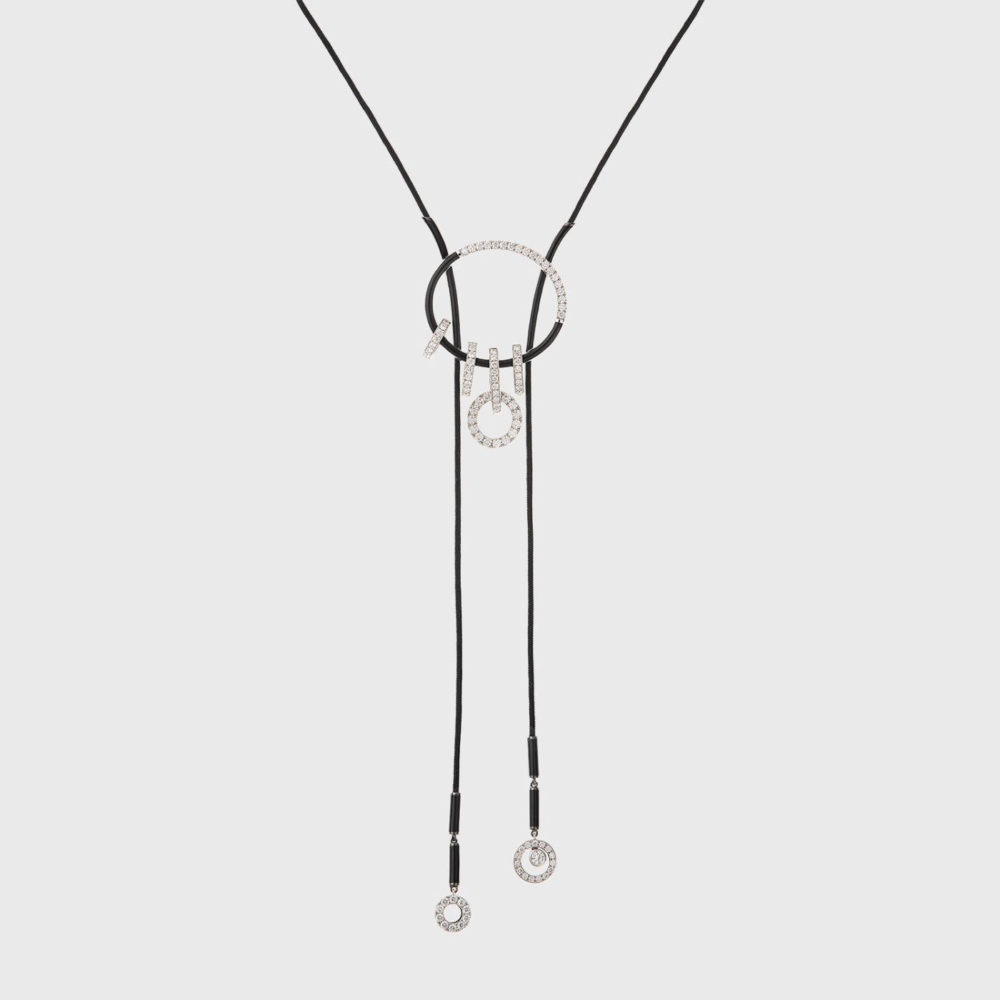 White gold long lariat necklace with white diamonds and black enamel