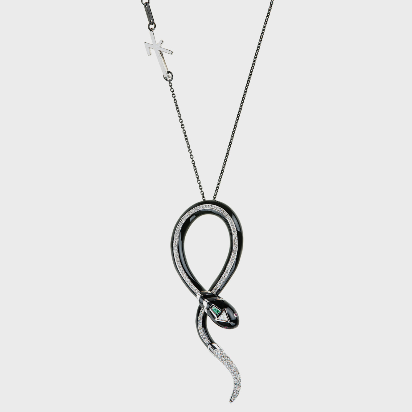 Black gold snake pendant necklace with white diamonds, emerald, ruby and black enamel