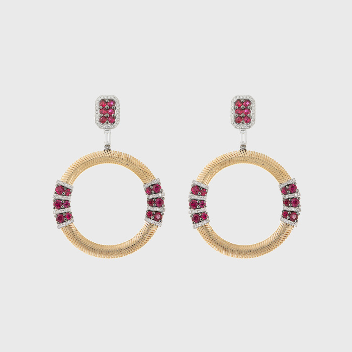 Yellow gold chain hoop earrings with white diamonds and rubies
