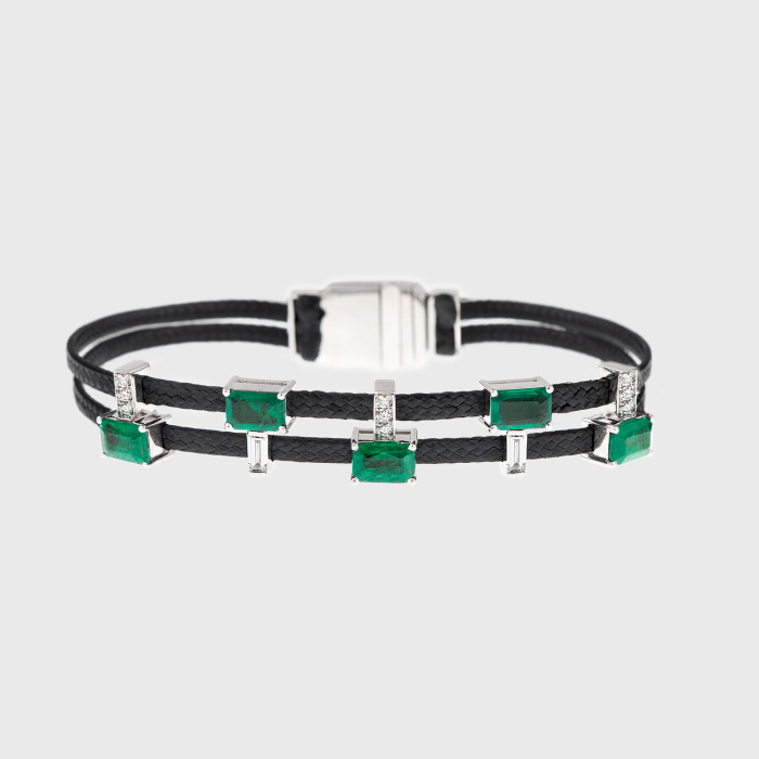 White gold cord bracelet with emeralds, white diamonds and black enamel