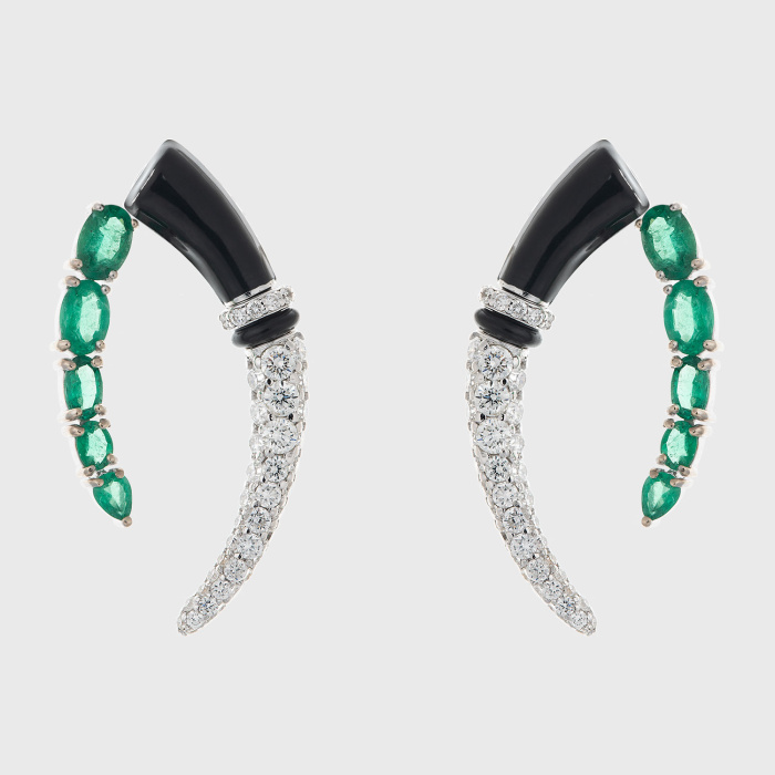White gold jacket earrings with emeralds, white diamonds and black enamel