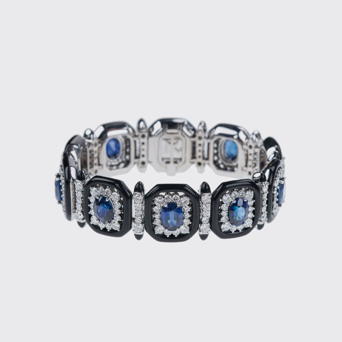 White gold bracelet with blue sapphires, white diamonds and black enamel