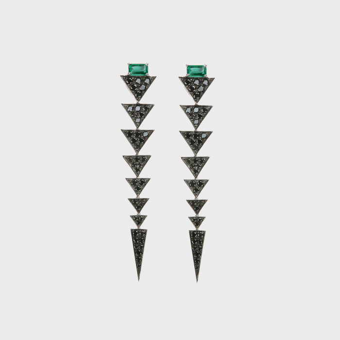 Black gold long earrings with black diamonds and emeralds