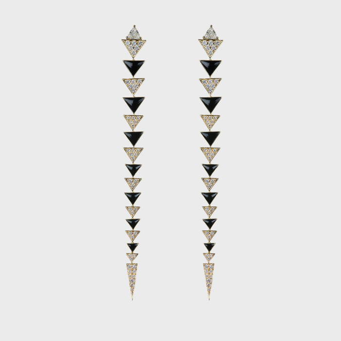 Yellow gold long earrings with white diamonds and black enamel