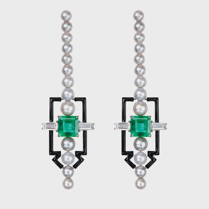 White gold long earrings with white diamonds, emerald, silver pearls and black enamel