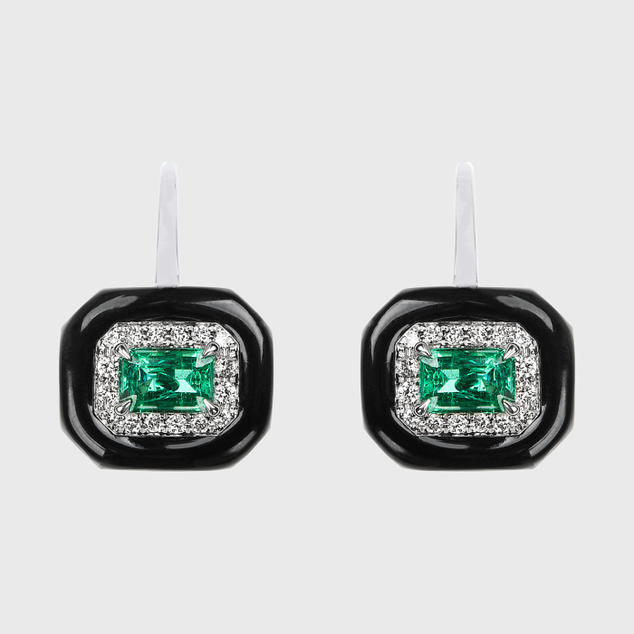White gold earrings with emeralds, white diamonds and black enamel