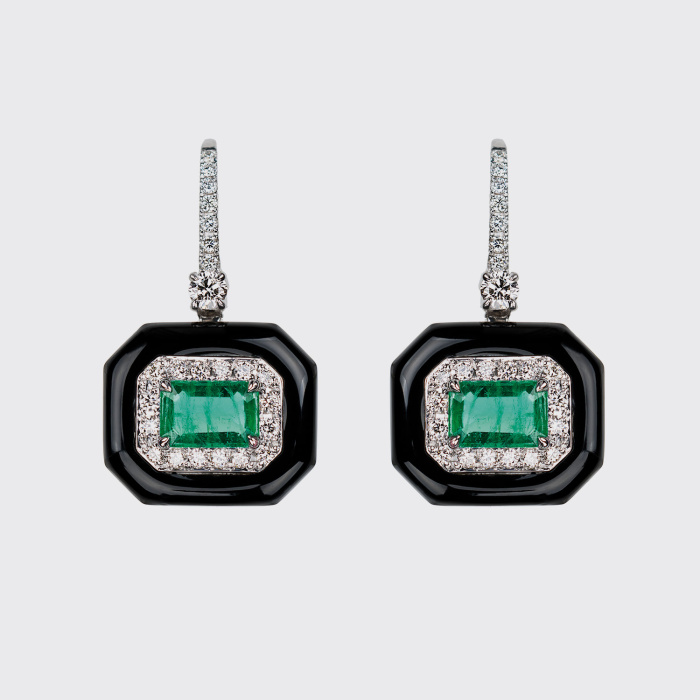 White gold earrings with emeralds, white diamonds and black enamel