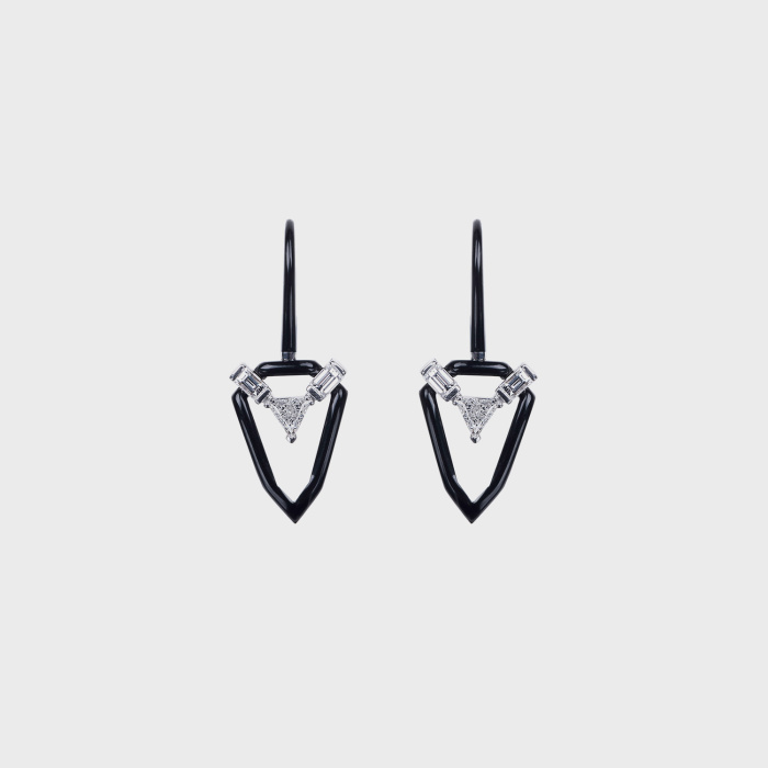 White gold earrings with white diamonds and black enamel