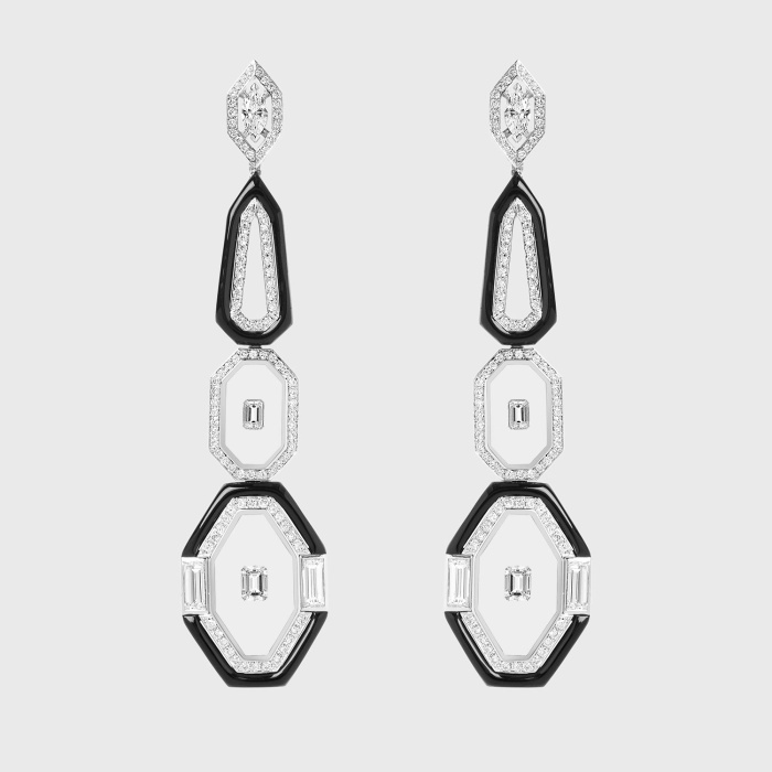 White gold long earrings with white diamonds in translucent and black enamel
