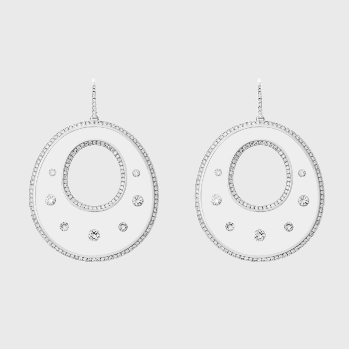 White gold oval earrings with round white diamonds in translucent enamel