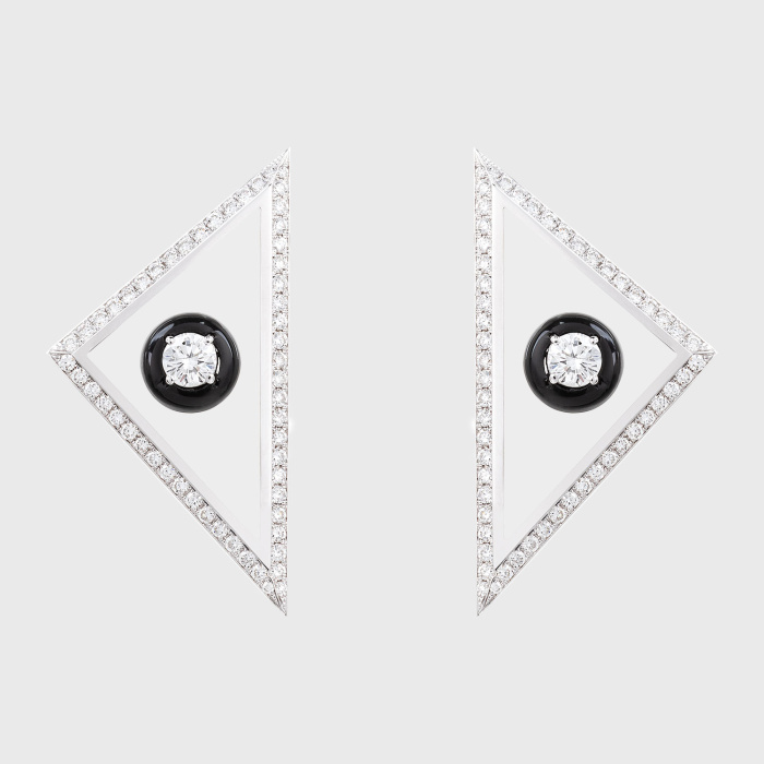 White gold small earrings with round white diamonds in translucent enamel and black enamel