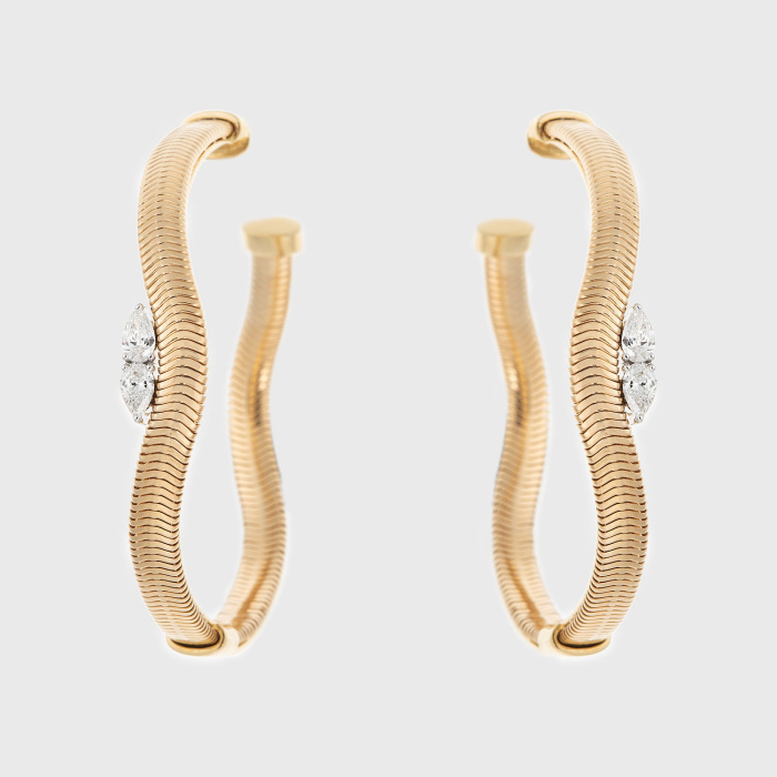 Yellow gold chain large hoop earrings with pear shape white diamonds