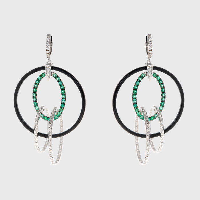 White gold hoop earrings with white diamonds, emeralds and black enamel