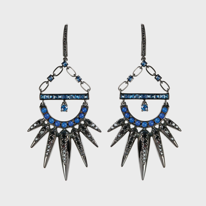 Black gold earrings with black diamonds, blue sapphires and lapis