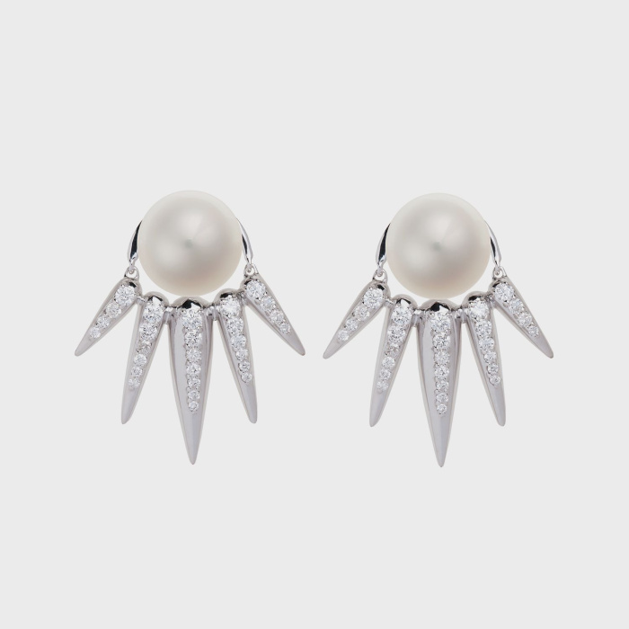 White gold earrings with white diamonds and white pearl studs