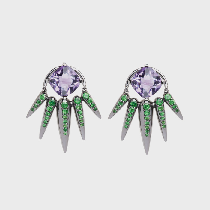Black gold earrings with tsavorites and amethyst studs