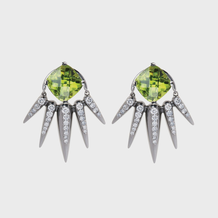Black gold earrings with white diamonds and peridot studs