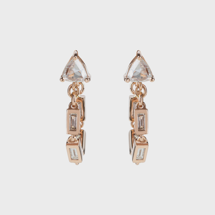 Rose gold small earrings with white diamonds and white diamond baguettes