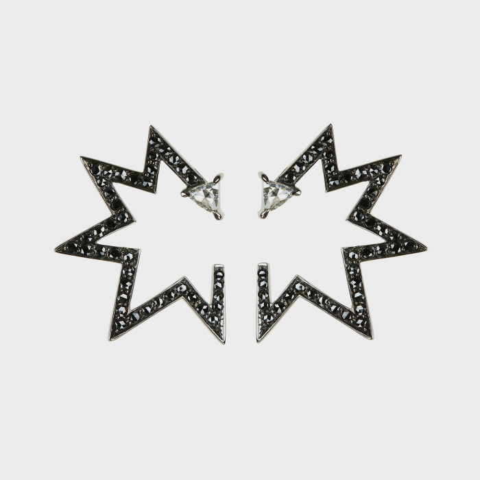 Black gold star earrings with black diamonds and trillion white diamonds