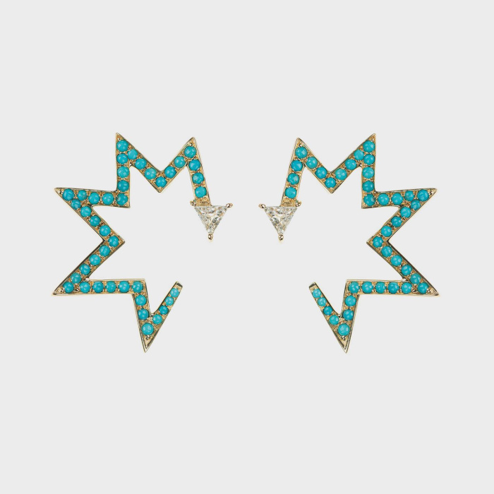 Yellow gold star earrings with turquoises and white trillion diamonds
