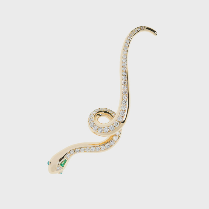 Yellow gold snake earcuff with white diamonds, emerald and turquoises