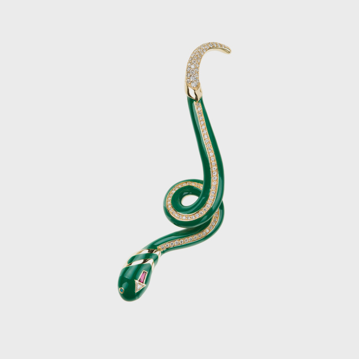 Yellow gold snake earcuff with white diamonds, ruby, turquoises and green enamel