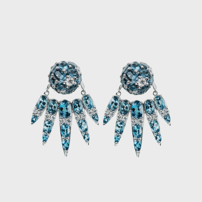 White gold earrings with white diamonds, london blue topazes and london blue topaz studs