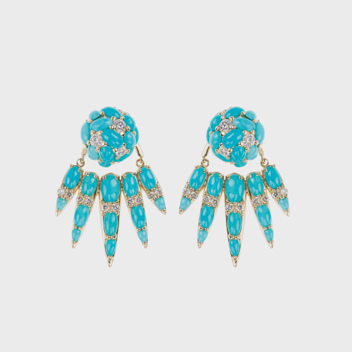 Yellow gold earrings with turquoises and white diamonds with turquoise studs