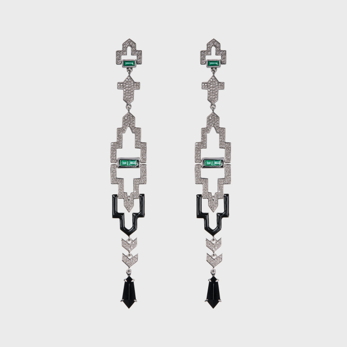 White gold long earrings with white diamonds, emeralds, black enamel and black onyx