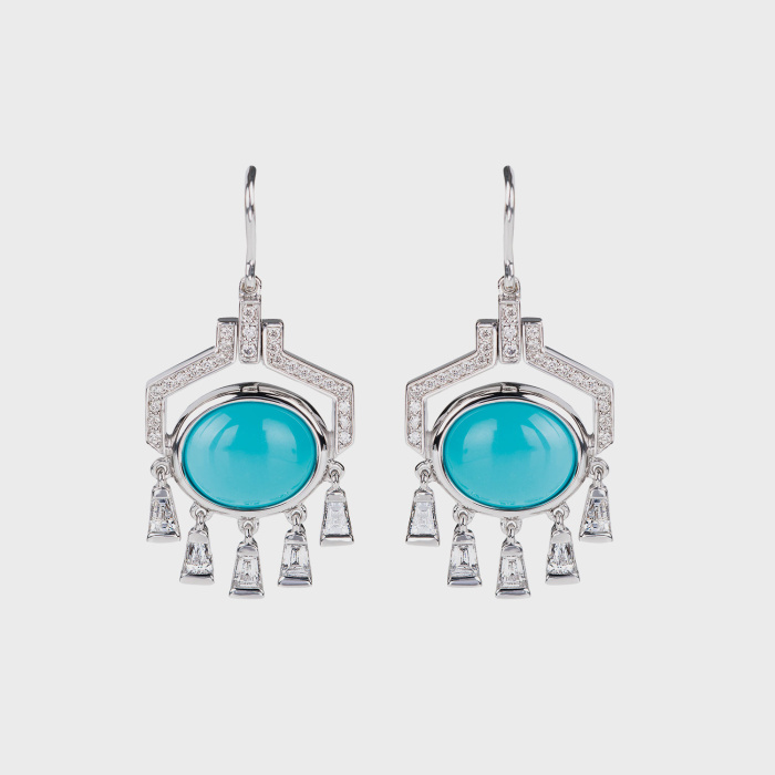 White gold earrings with white diamonds and turquoises