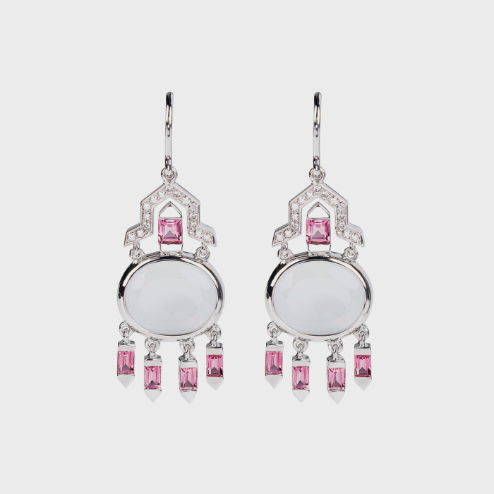White gold earrings with pink tourmalines, white diamonds and quartz