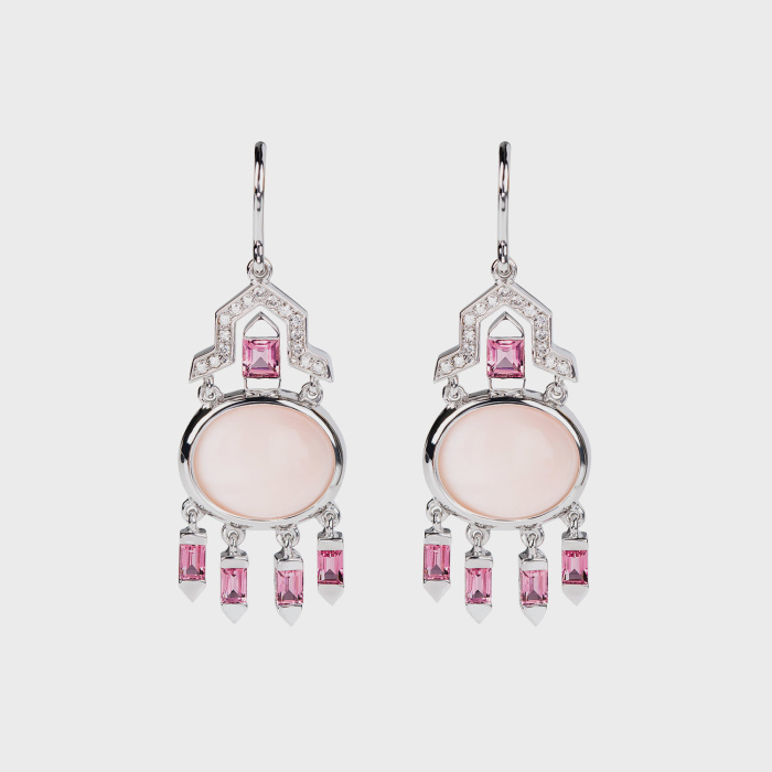 White gold earrings with pink tourmalines, white diamonds and corals