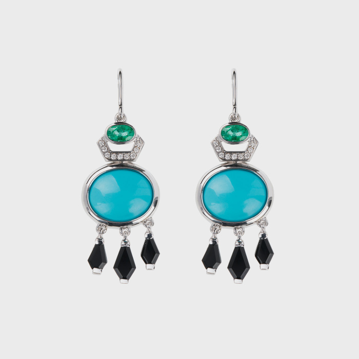 White gold earrings with turquoises, emeralds, white diamonds and black onyx