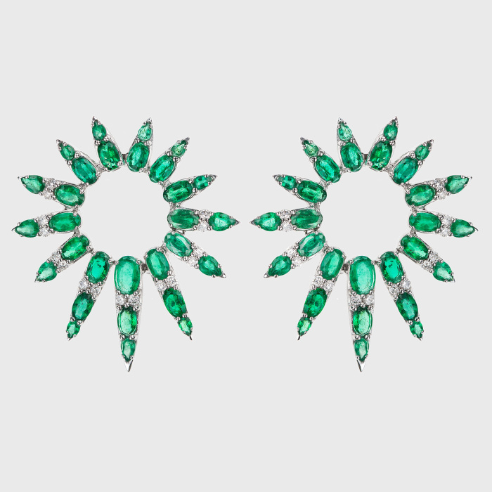White gold hoop earrings with emeralds and white diamonds