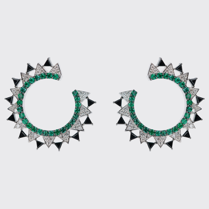 White gold hoop earrings with white diamonds, emeralds and black onyx